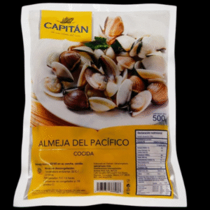 Empaque de almeja del Pacífico cocida de la marca Capitán, presentación de 500 gramos, sobre fondo negro.