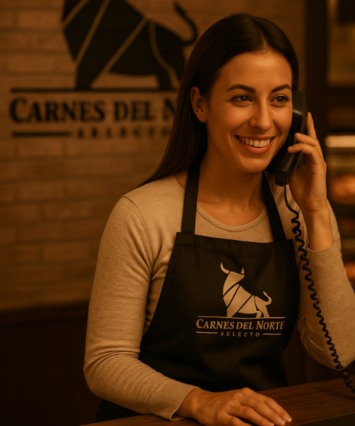 Joven atendiendo llamada telefónica en el área de atención al cliente de Carnes del Norte Selecto, con el logo visible al fondo.