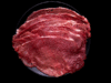 Bistec Selecto crudos de res finamente rebanados servidos en un plato negro sobre fondo negro.
