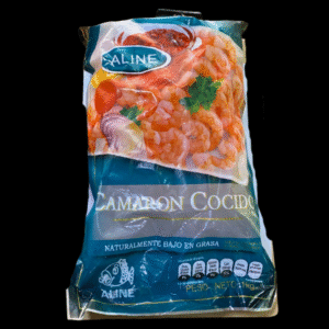 Bolsa de camarón cocido Aline de 1 kg, empaque en tonos azul y blanco con imagen de camarones.