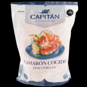 Empaque de camarón cocido Capitán tipo pacotilla, presentación de 500 g sobre fondo negro.