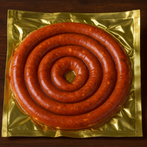 Empaque rojo de salchichas para asar marca KIR, 800g.