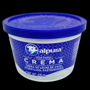 Envase de crema Alpura de 426 ml sobre fondo negro, con tapa azul y etiqueta con diseño azul geométrico.