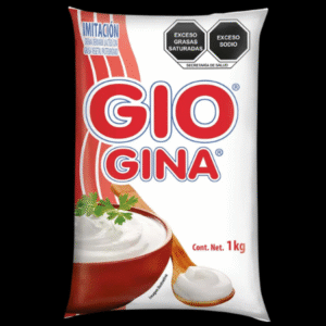 Bolsa de 1 kg de crema Gina en presentación flexible con diseño blanco y rojo, fondo negro.
