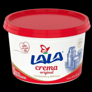 Envase de crema LALA de 426 ml sobre fondo blanco, ideal para complementar platillos mexicanos.