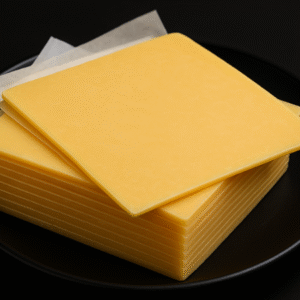Rebanadas de queso amarillo tipo americano, colocadas en forma de abanico sobre una superficie negra.