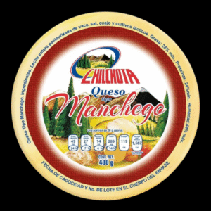 Rueda de queso tipo manchego Chilchota de 400 gramos, con etiqueta montañosa sobre fondo negro.