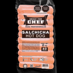 Salchichas para hot dog marca Chef, empaque profesional de 2 kg con 40 piezas, ideal para negocios o eventos.