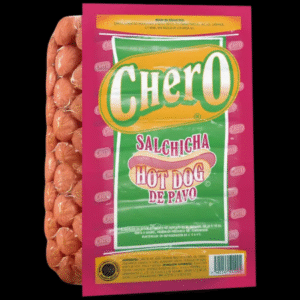 Empaque de salchichas hot dog de pavo marca Chero, presentación familiar
