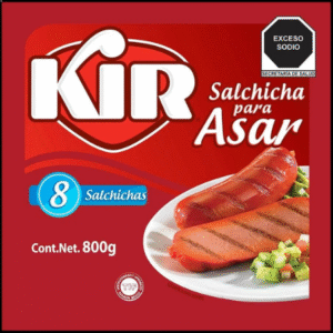 Salchichas para asar marca KIR, paquete de 800g con 8 piezas, ideales para parrilladas.