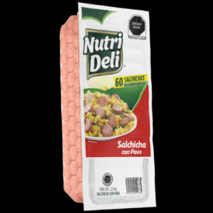 Empaque de salchichas con pavo marca Nutri Deli de 2.5 kg con imagen de desayuno en portada