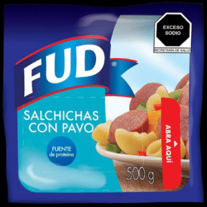 Empaque de salchichas con pavo marca FUD de 500 gramos
