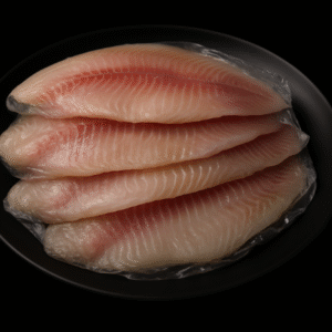Filetes de tilapia congelados, colocados en un plato negro, listos para cocinar.