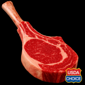 Corte de carne Tomahawk crudo con marmoleo visible, calidad USDA Choice.