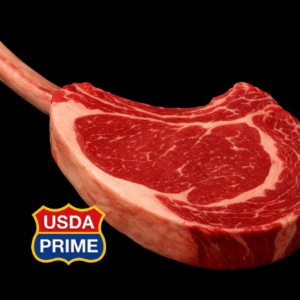 Corte de carne Tomahawk crudo de calidad USDA Prime sobre fondo negro, mostrando su marmoleo y grosor.